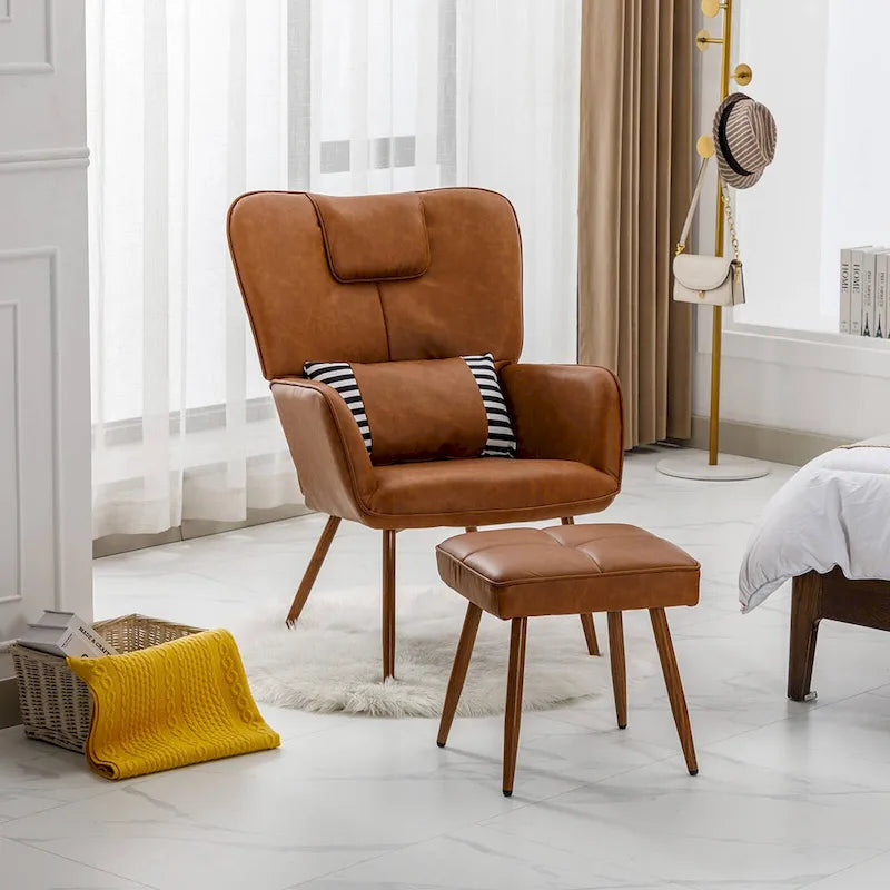 Silla decorativa con respaldo alado de piel sintética para sala de estar