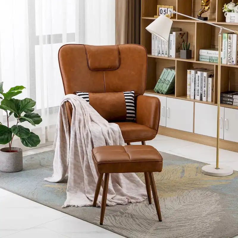 Silla decorativa con respaldo alado de piel sintética para sala de estar