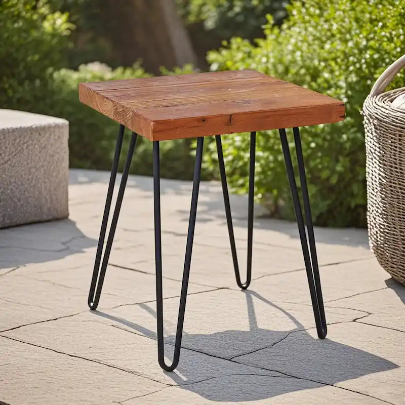 Mesa auxiliar de madera con patas de horquilla de hierro