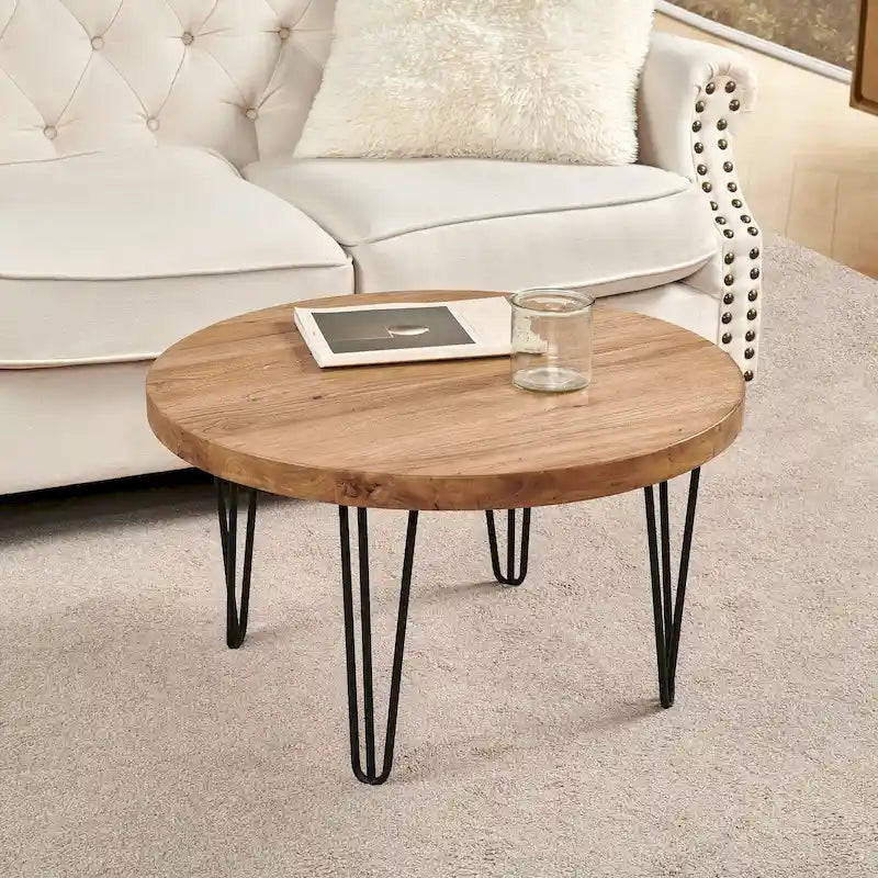Mesa auxiliar de madera con patas de horquilla de hierro
