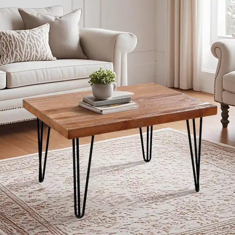 Mesa auxiliar de madera con patas de horquilla de hierro