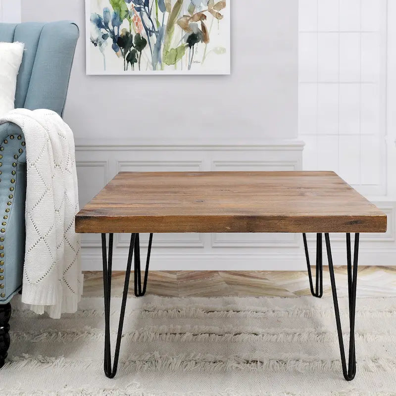 Mesa auxiliar de madera con patas de horquilla de hierro