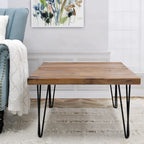 Mesa auxiliar de madera con patas de horquilla de hierro