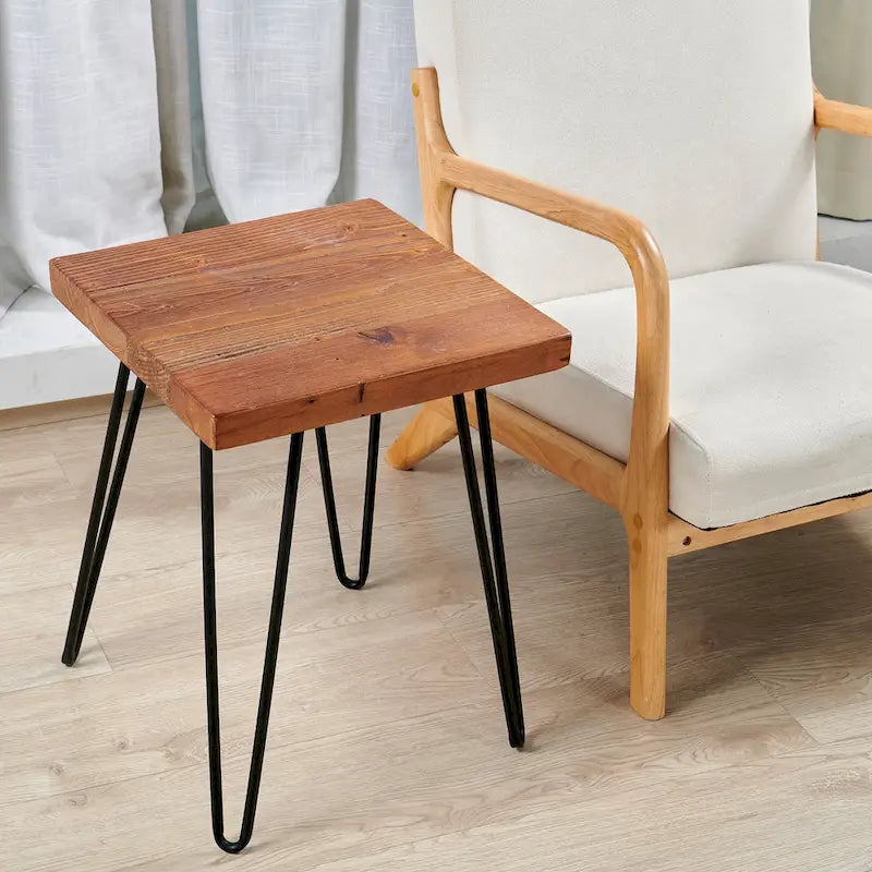 Mesa auxiliar de madera con patas de horquilla de hierro