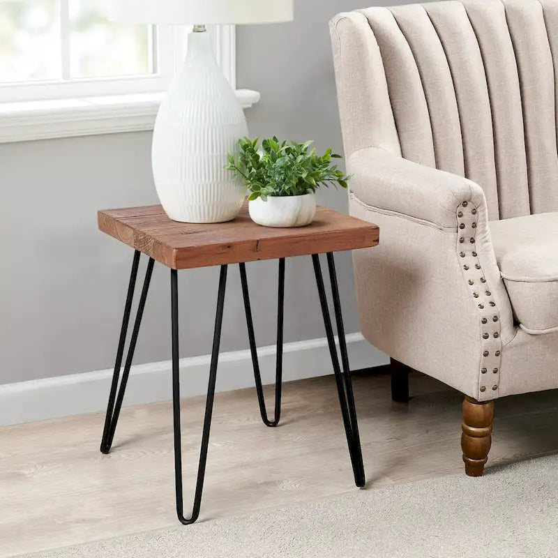 Mesa auxiliar de madera con patas de horquilla de hierro