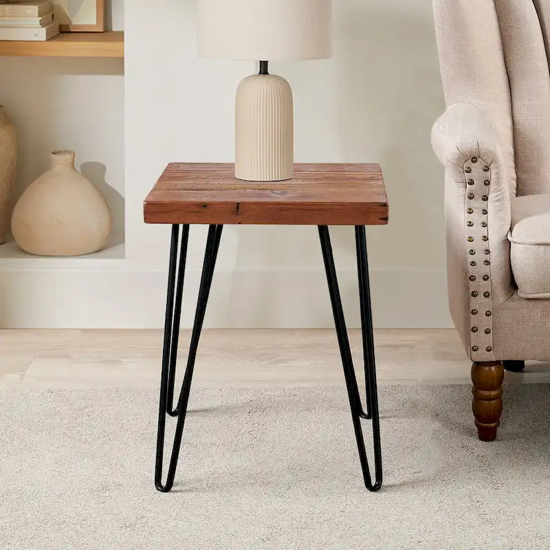 Mesa auxiliar de madera con patas de horquilla de hierro