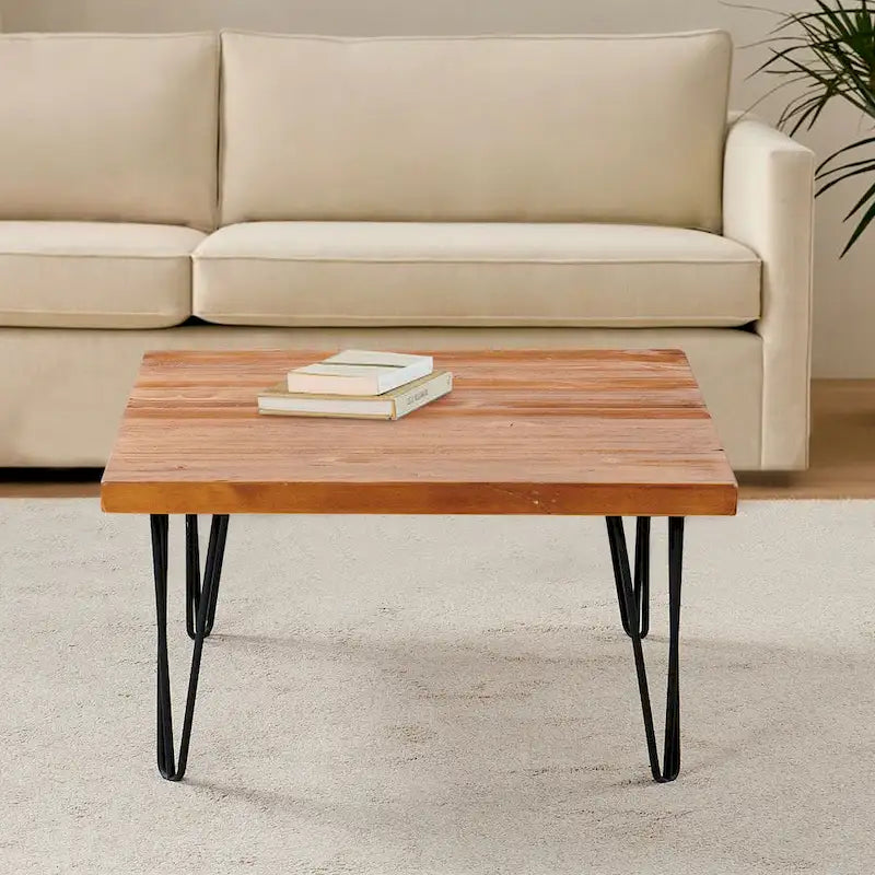 Mesa auxiliar de madera con patas de horquilla de hierro