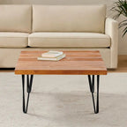 Mesa auxiliar de madera con patas de horquilla de hierro