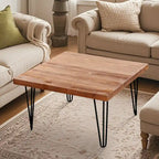 Mesa auxiliar de madera con patas de horquilla de hierro