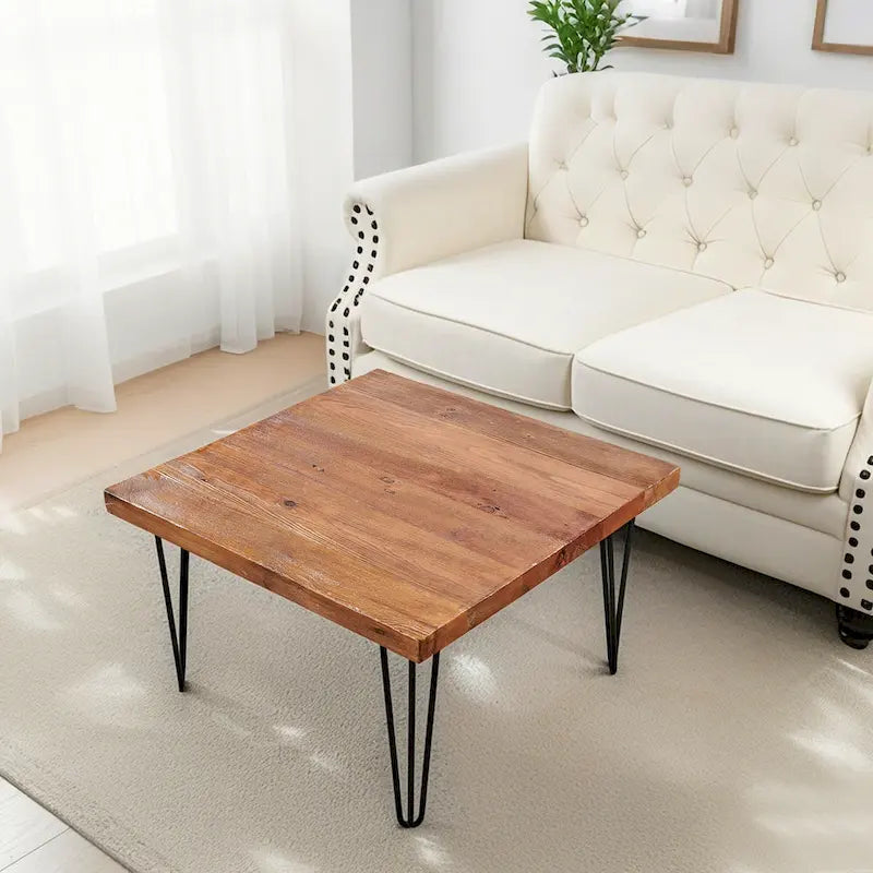 Mesa auxiliar de madera con patas de horquilla de hierro