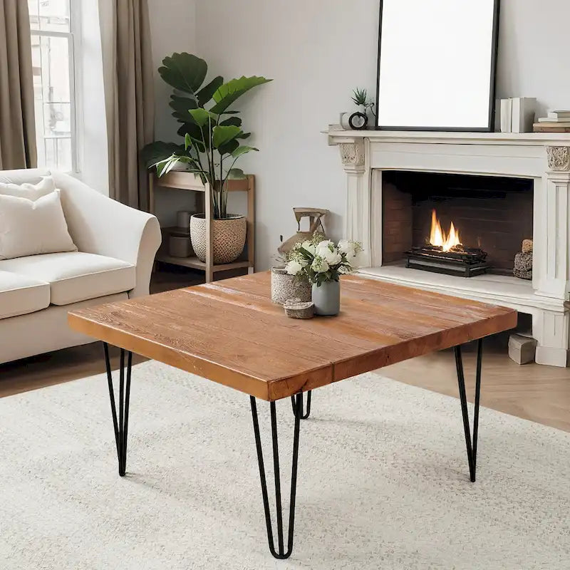 Mesa auxiliar de madera con patas de horquilla de hierro