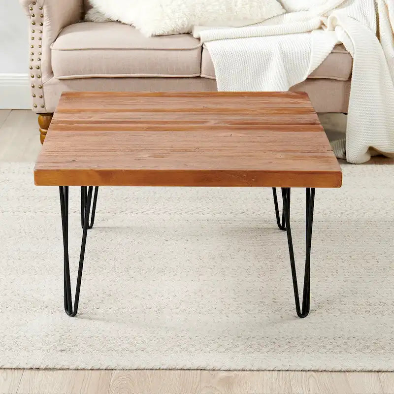 Mesa auxiliar de madera con patas de horquilla de hierro