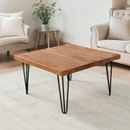 Mesa auxiliar de madera con patas de horquilla de hierro