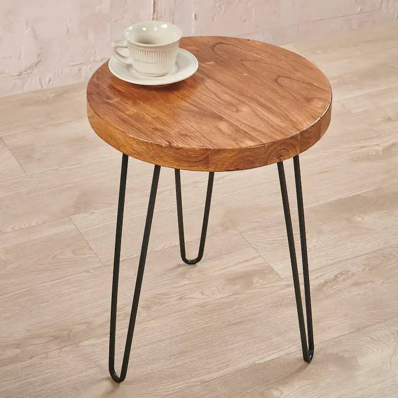 Mesa auxiliar de madera con patas de horquilla de hierro