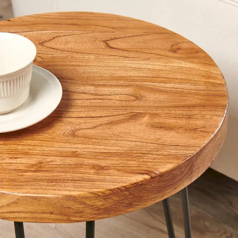 Mesa auxiliar de madera con patas de horquilla de hierro