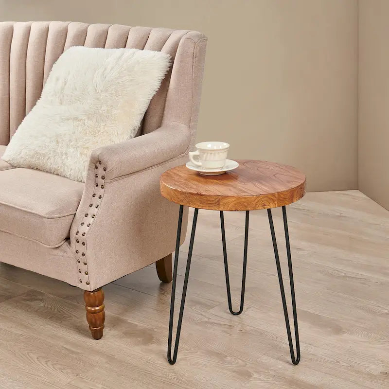 Mesa auxiliar de madera con patas de horquilla de hierro