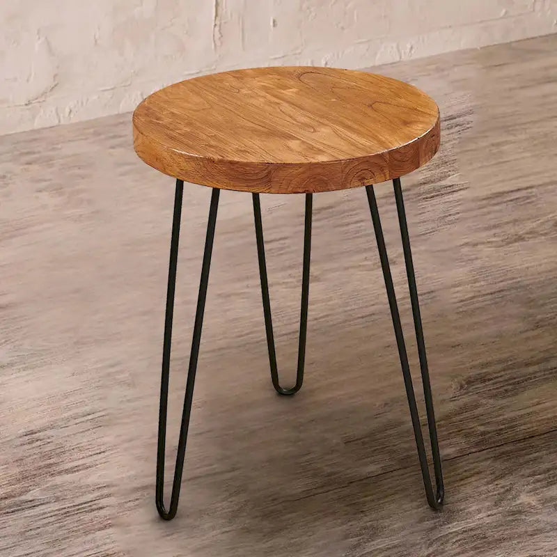 Mesa auxiliar de madera con patas de horquilla de hierro