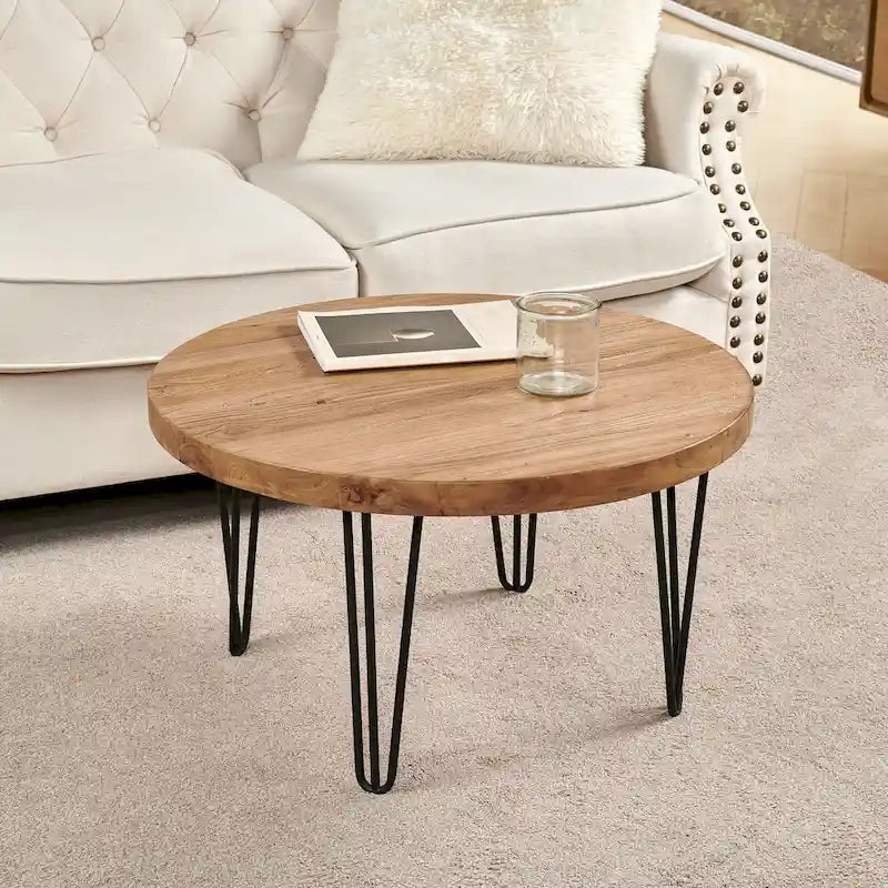 Mesa auxiliar de madera con patas de horquilla de hierro
