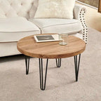 Mesa auxiliar de madera con patas de horquilla de hierro