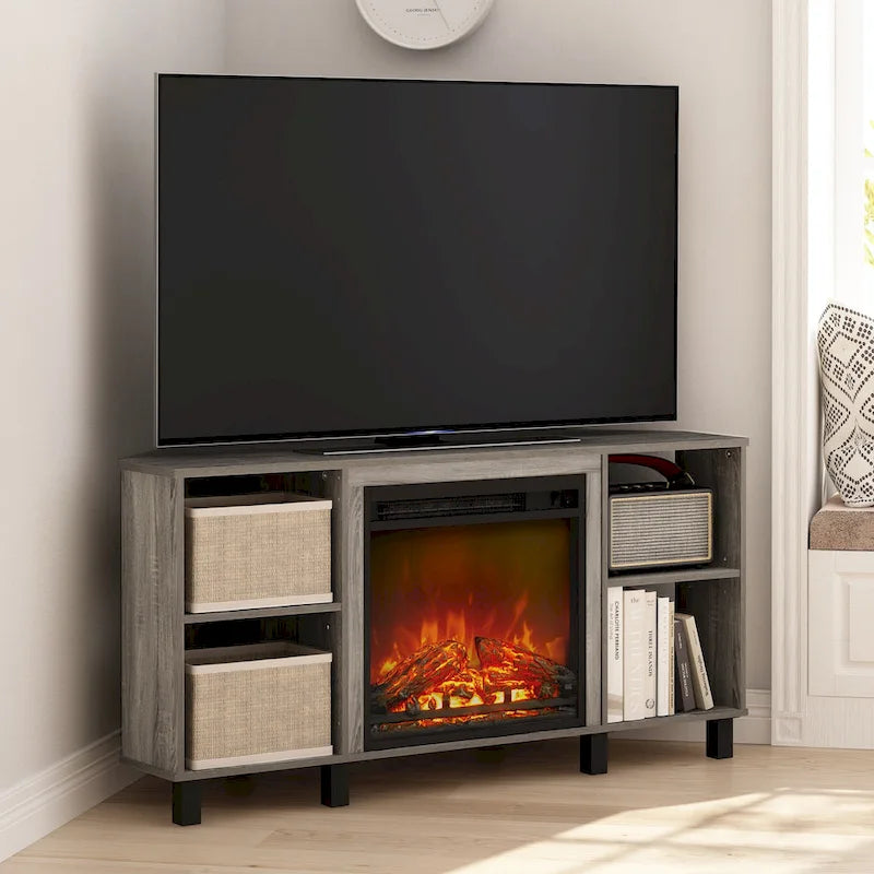 Soporte de TV de esquina para chimenea con patas metálicas para televisores de hasta 55"
