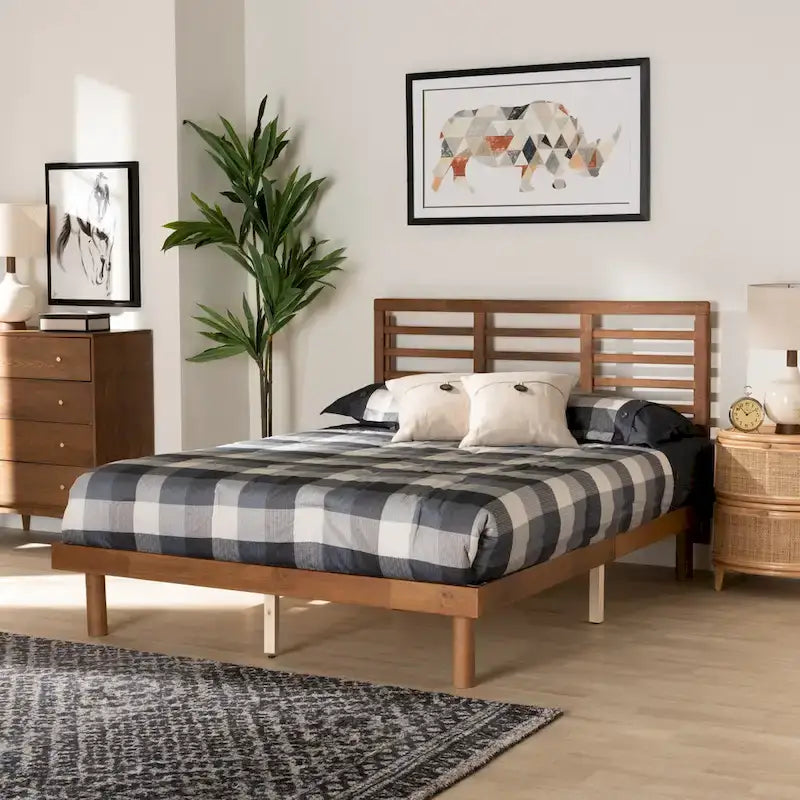 Cama de plataforma de madera de fresno nogal de mediados de siglo