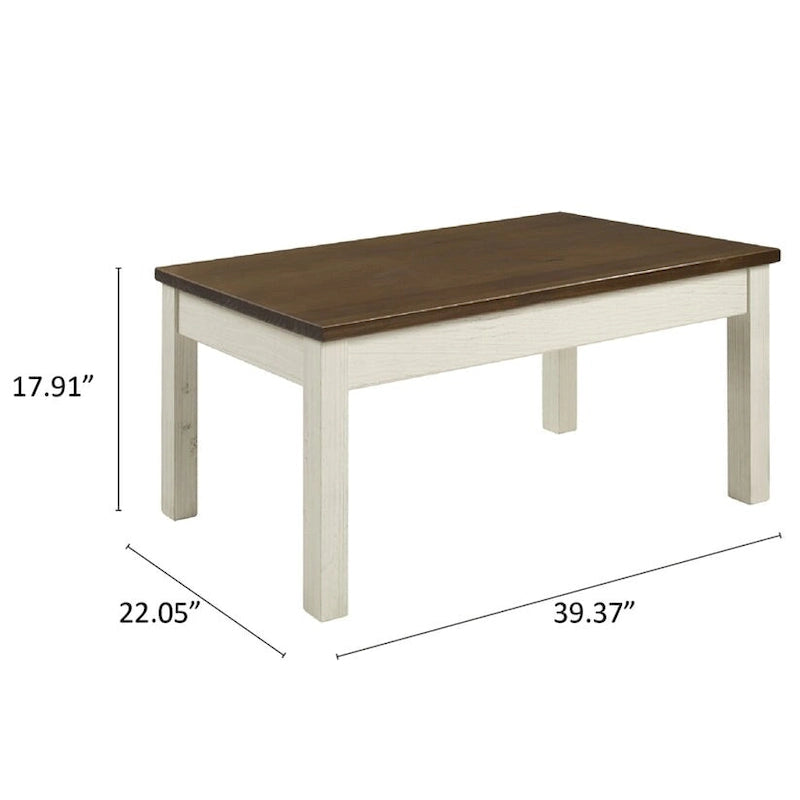 Mesa de centro de pino macizo con acabado blanco envejecido
