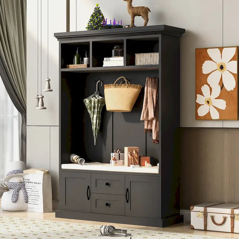 Perchero de recibidor con banco, 3 ganchos y estantes de almacenamiento, 47.2 pulgadas, para entrada y pasillo