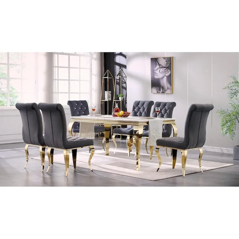 Silla de comedor tapizada en terciopelo con patas de metal