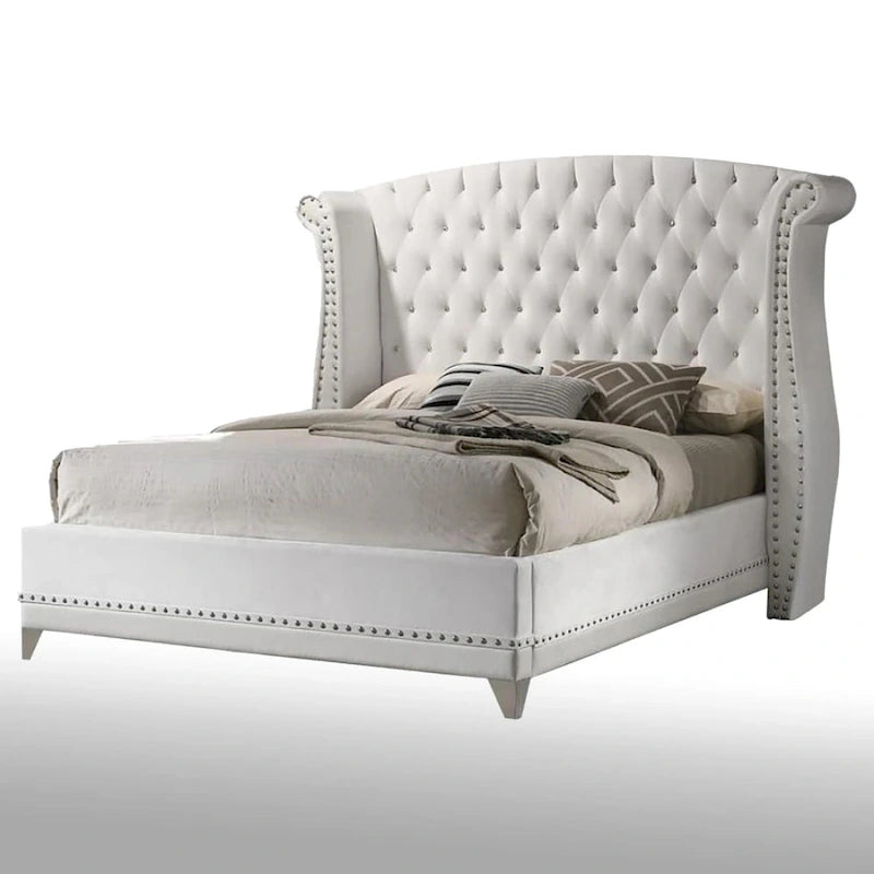 Cama tapizada con alas y cabecero capitoné – Blanco