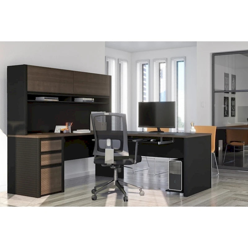 Paquete de escritorio en L de 72 pulgadas de ancho con estante superior, mesa auxiliar y pedestal