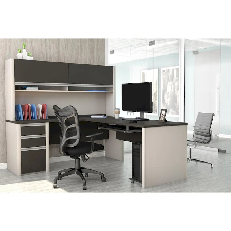 Paquete de escritorio en L de 72 pulgadas de ancho con estante superior, mesa auxiliar y pedestal