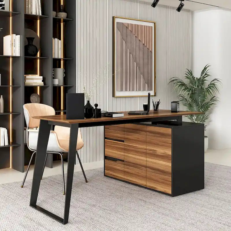 Escritorio de computadora en forma de L con gabinete de almacenamiento