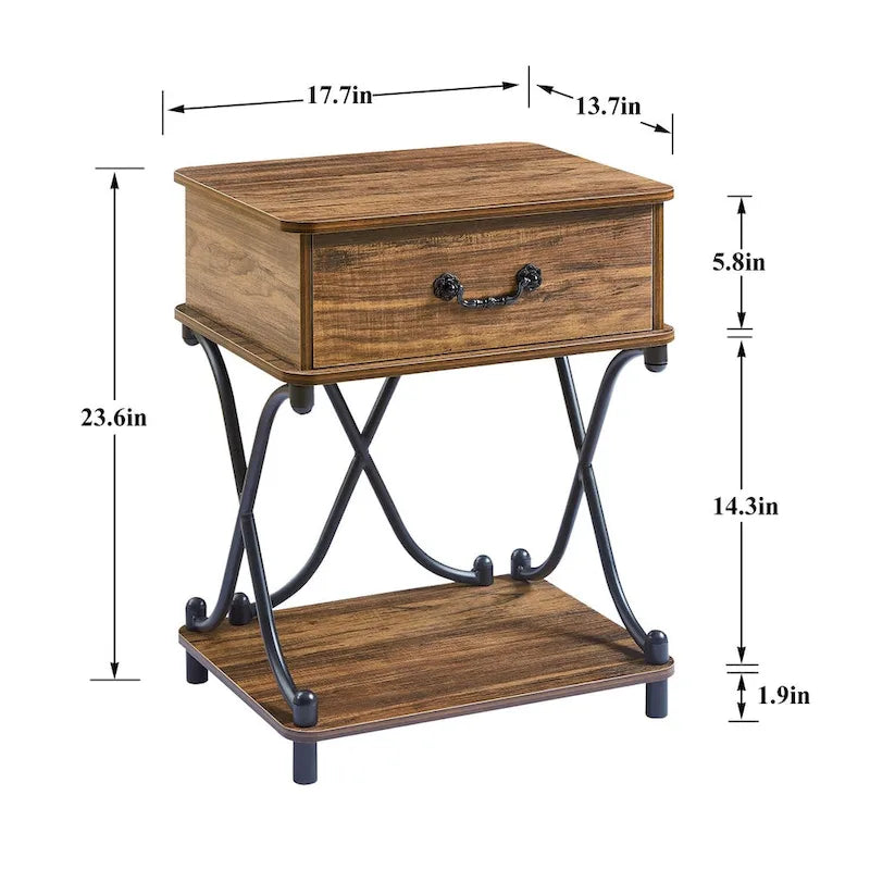 Mesita de noche con 1 cajón y estante de almacenamiento abierto, diseño de patas en X