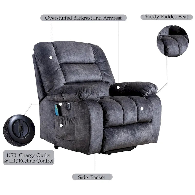 Sillón reclinable con elevador eléctrico asistido y masaje para personas mayores