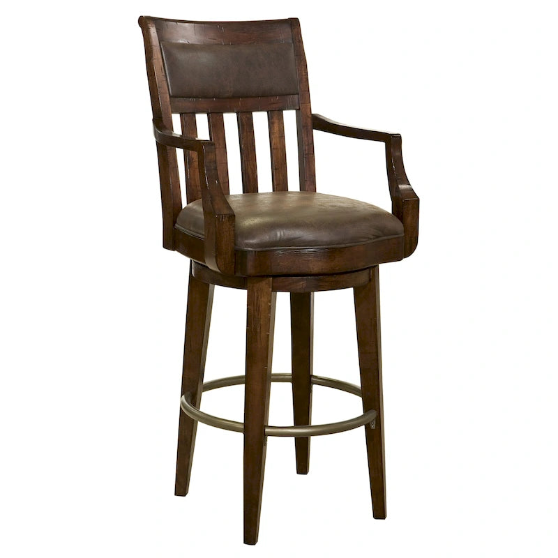 Taburete giratorio de bar con asiento de cuero sintético y estructura de madera.