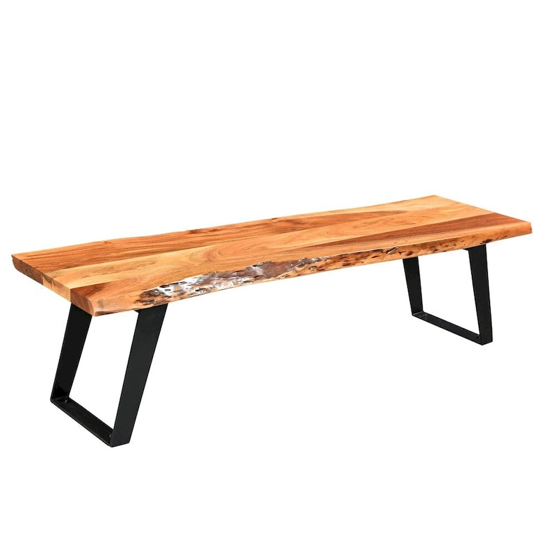 Banco de madera de acacia de borde natural con patas de acero
