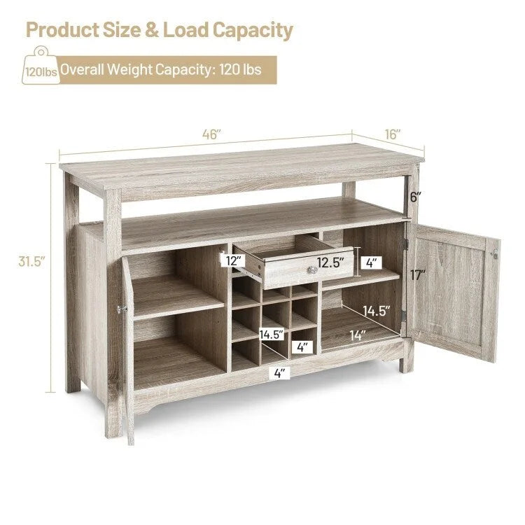 Aparador tipo bufé con almacenamiento para vinos y gabinete, 45.5" de ancho