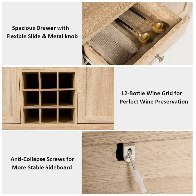 Aparador tipo bufé con almacenamiento para vinos y gabinete, 45.5" de ancho