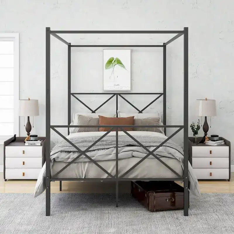 Base de cama de plataforma metálica de tamaño completo con cabecera y pie de cama