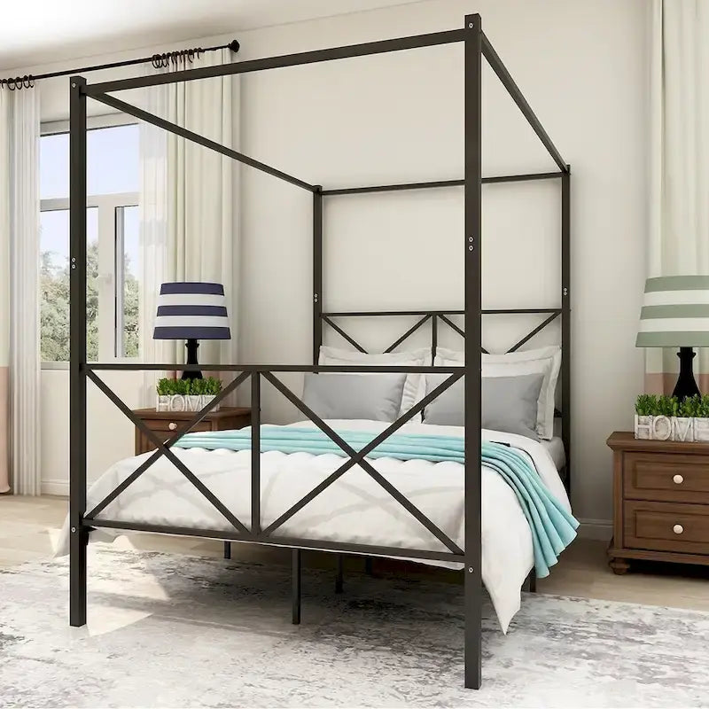 Base de cama de plataforma metálica de tamaño completo con cabecera y pie de cama