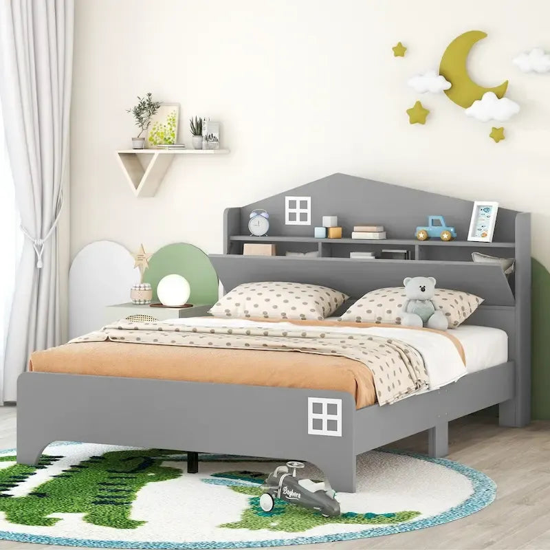 Marco de Cama con Forma de Casa de Tamaño Completo con Cabecero de Almacenamiento