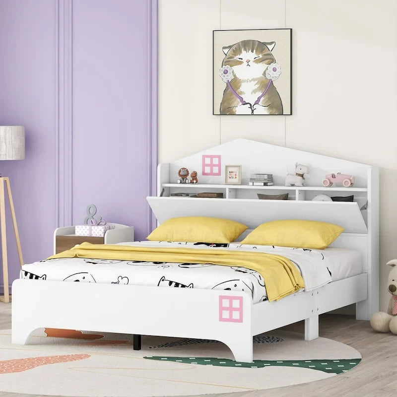 Marco de Cama con Forma de Casa de Tamaño Completo con Cabecero de Almacenamiento