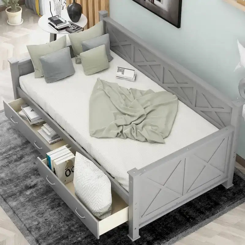 Sofá cama individual con cajones de almacenamiento y diseño de marco en X
