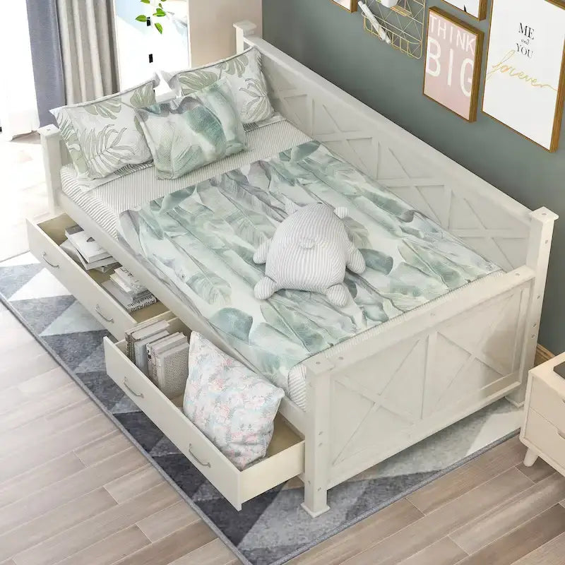 Sofá cama individual con cajones de almacenamiento y diseño de marco en X