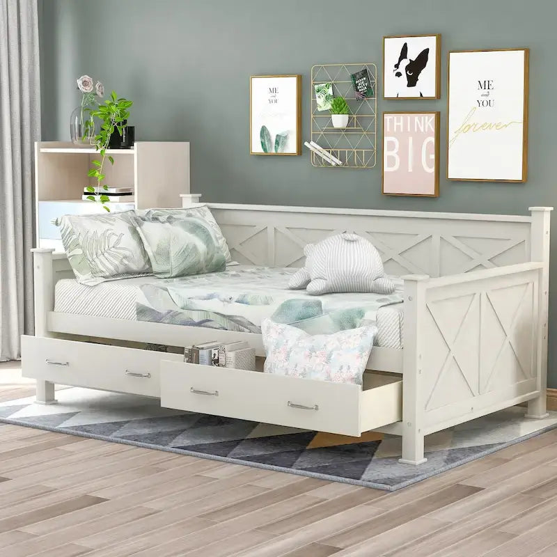 Sofá cama individual con cajones de almacenamiento y diseño de marco en X