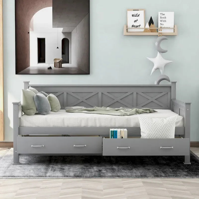 Sofá cama individual con cajones de almacenamiento y diseño de marco en X