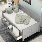 Sofá cama individual con cajones de almacenamiento y diseño de marco en X