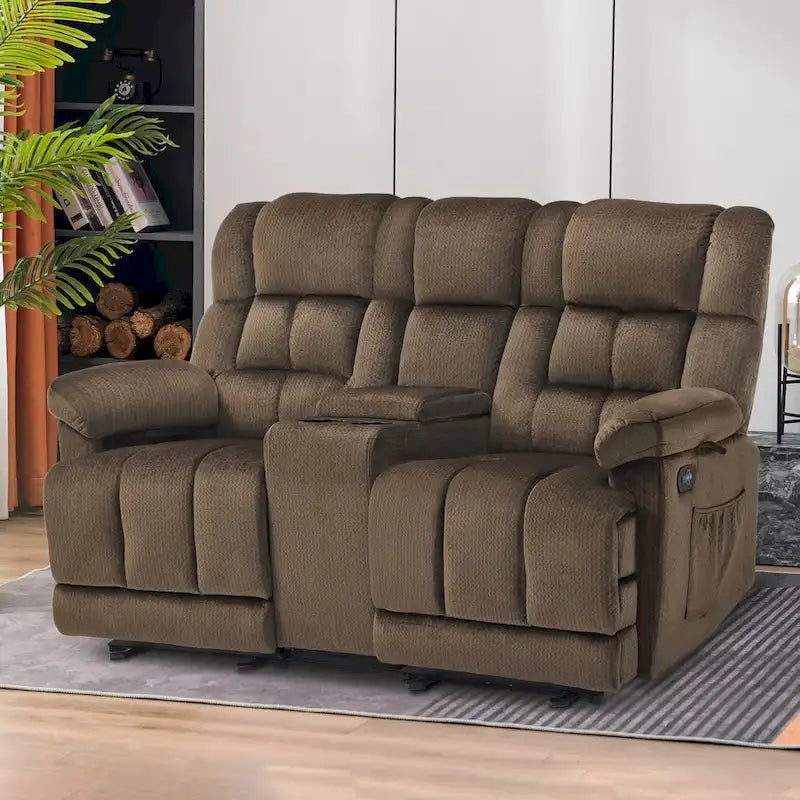Sillón reclinable eléctrico de dos plazas con consola, vibración y calor, puertos de carga USB