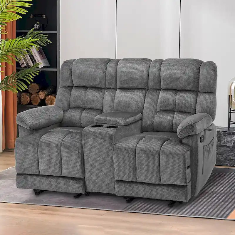 Sillón reclinable eléctrico de dos plazas con consola, vibración y calor, puertos de carga USB