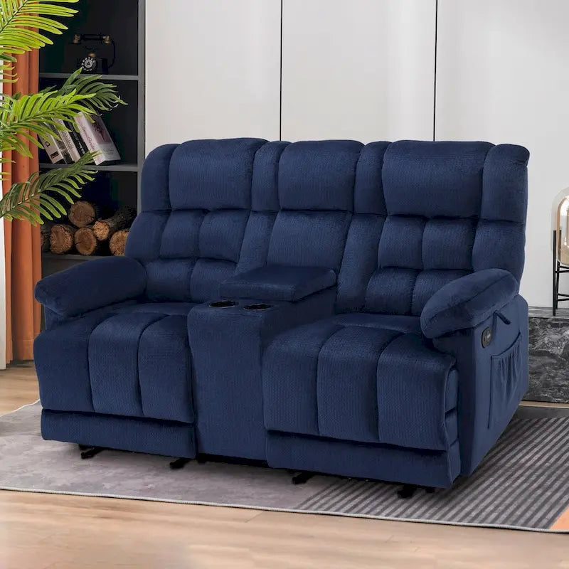 Sillón reclinable eléctrico de dos plazas con consola, vibración y calor, puertos de carga USB